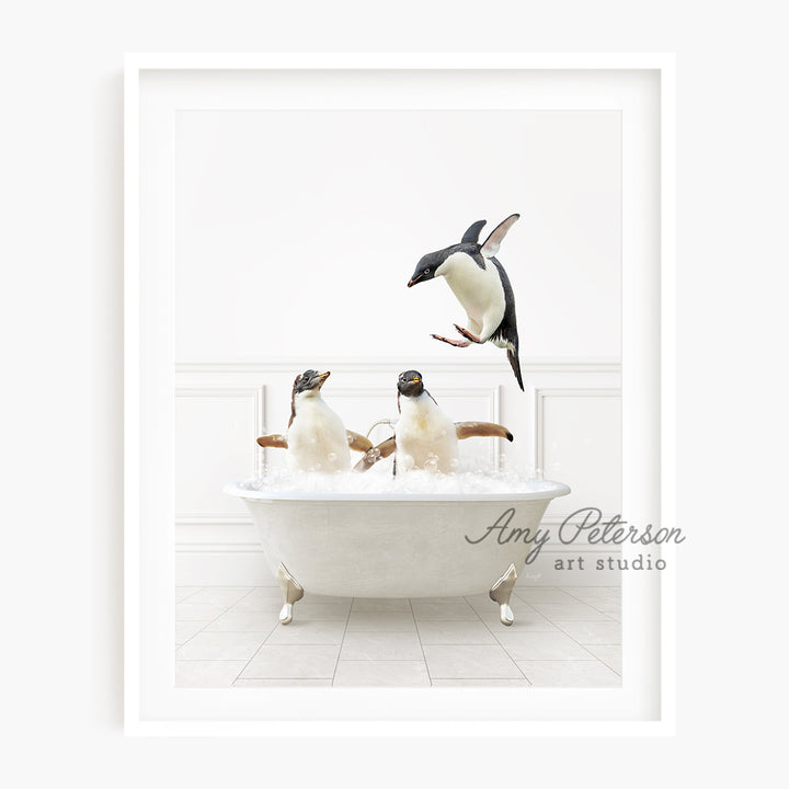 a group of penguins in a bathtub with bubbles