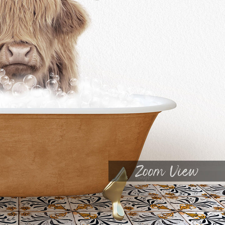 A close-up of a furry animal, possibly a yak or a similar animal, sitting in a bathtub filled with bubbles.