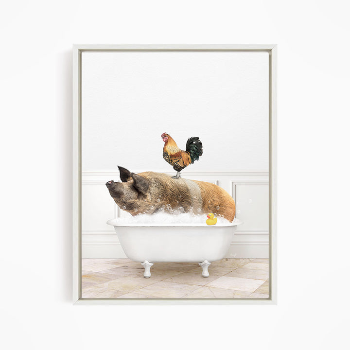 A rooster stands on the back of a pig sitting in a bathtub filled with water, with a rubber duck floating nearby.