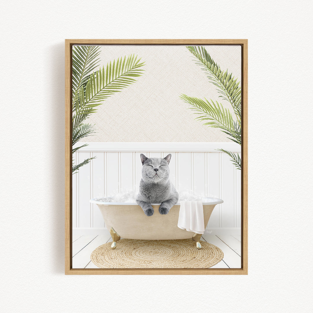A gray cat sitting in a bathtub filled with water, surrounded by green plants.