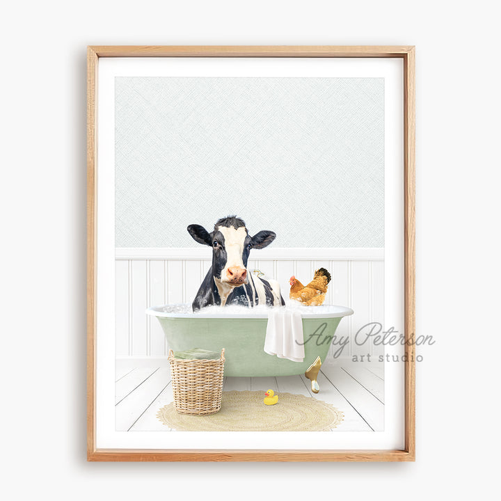 a painting of a cow in a bathtub with chickens