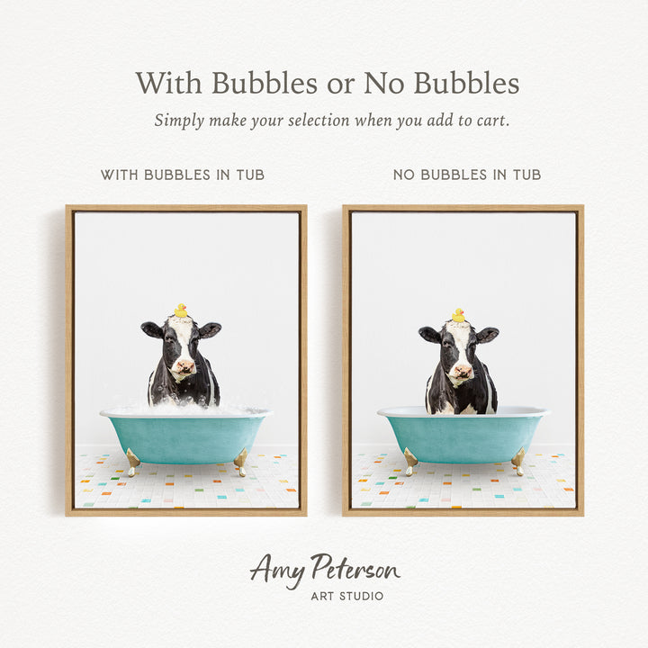 The image is a collage of two framed pictures, each depicting a cow sitting in a bathtub. The cow in the left picture has bubbles in the tub, while the cow in the right picture does not have bubbles. The collage is titled "With Bubbles or No Bubbles" and is created by Amy Peterson from Art Studio.