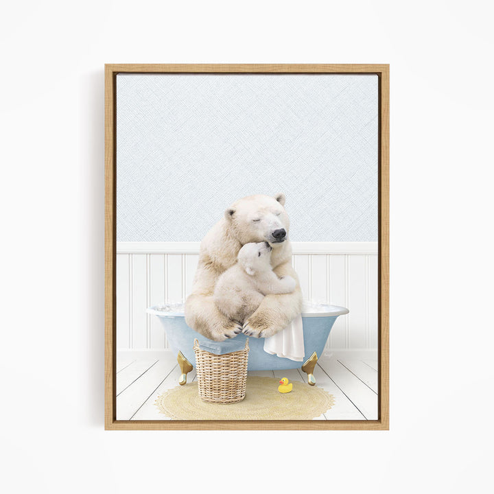 A polar bear is sitting in a bathtub, surrounded by a basket of toys and a yellow rubber duck, creating a playful and whimsical scene.