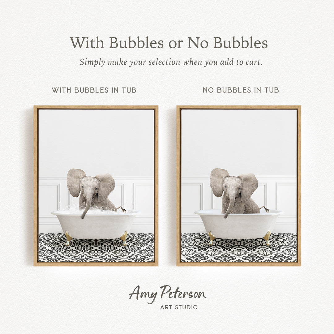 The image is a collage of two pictures, each featuring an elephant sitting in a bathtub. The first picture has bubbles in the tub, while the second picture does not have bubbles. The text above the images reads "With Bubbles or No Bubbles Simply make your selection when you add to cart."