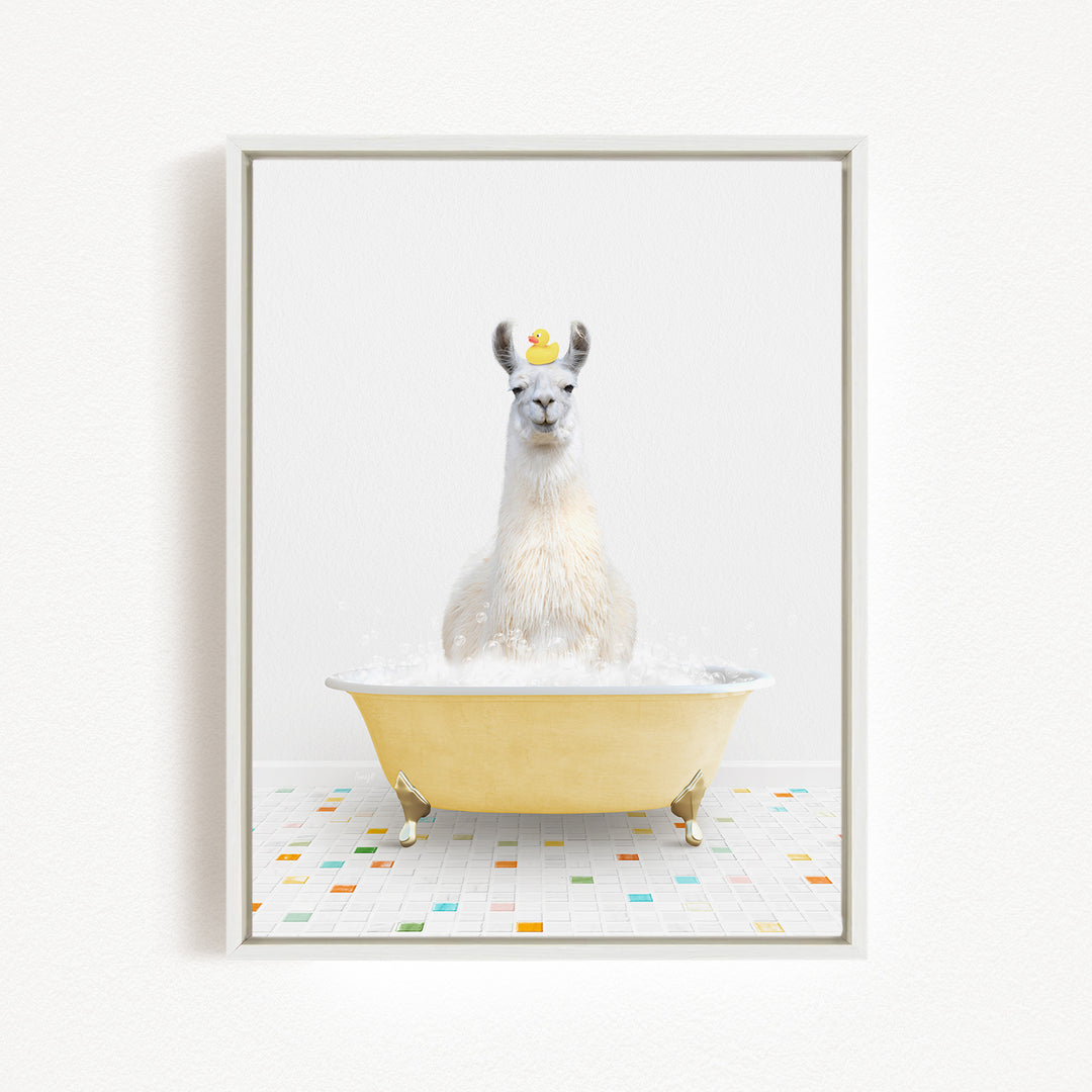 A white llama sitting in a yellow bathtub filled with bubbles, with a rubber duck on its head.