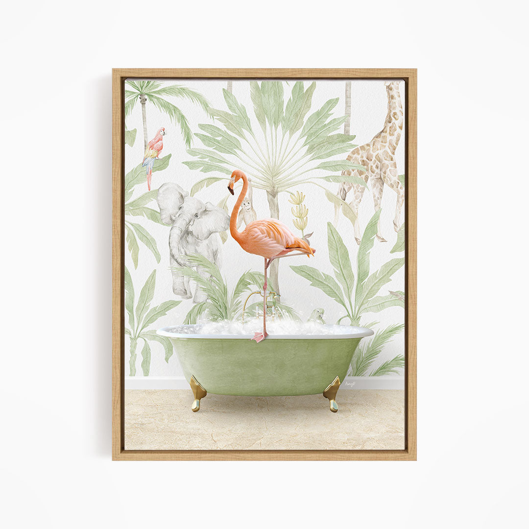 A framed print depicting a pink flamingo standing in a green bathtub, surrounded by tropical foliage and animals, including a giraffe and an elephant.
