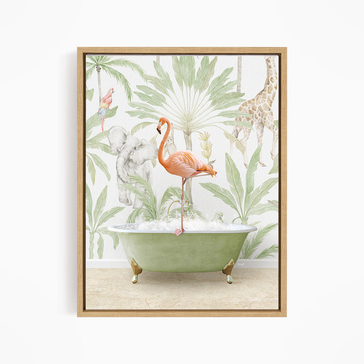 A framed print depicting a pink flamingo standing in a green bathtub, surrounded by tropical foliage and animals, including a giraffe and an elephant.