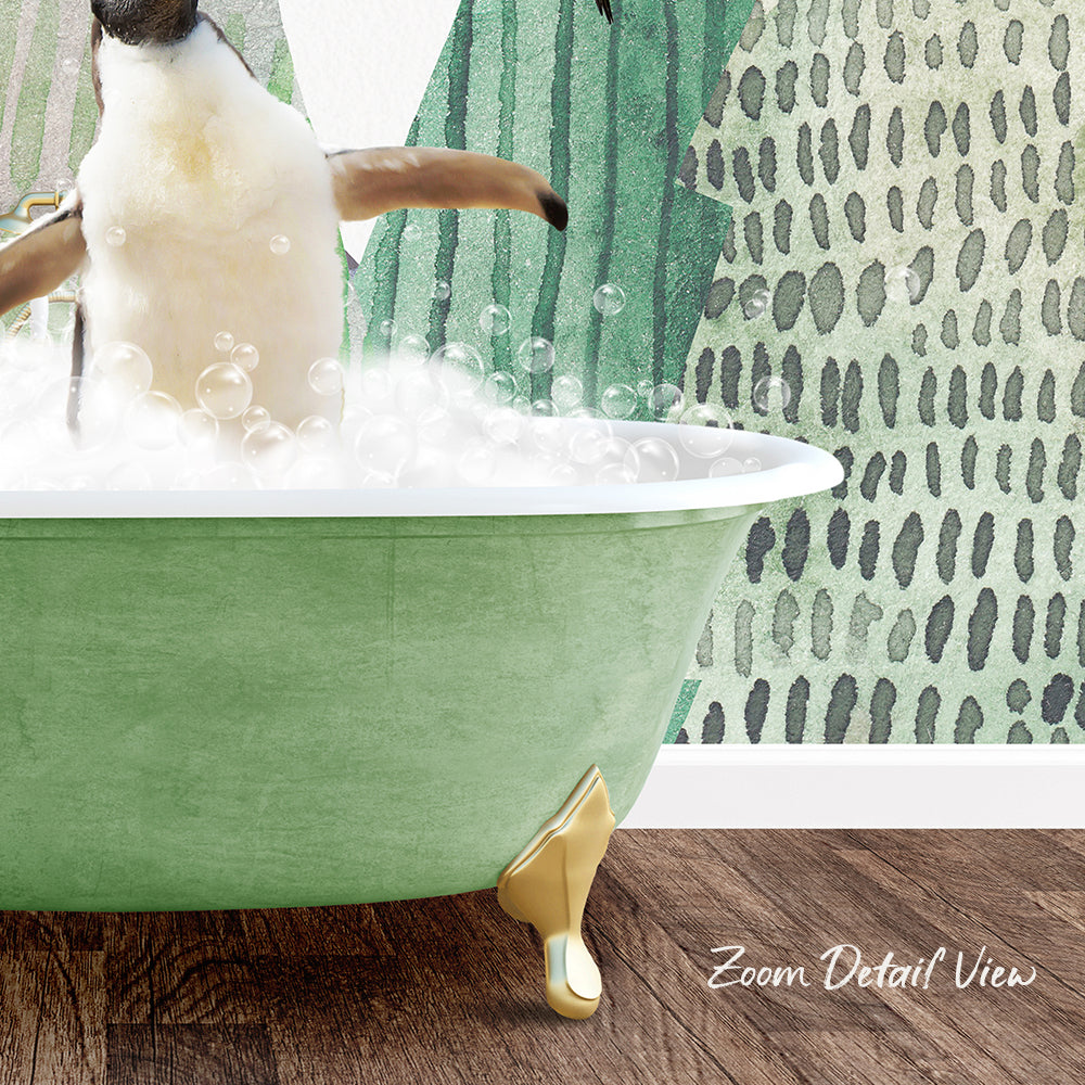 A penguin standing in a green bathtub filled with bubbles, with a patterned wall in the background.