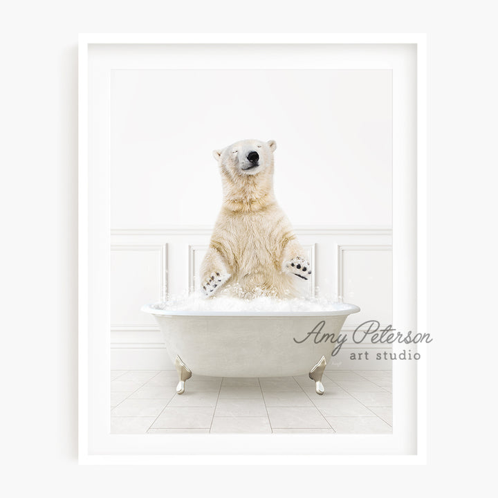 a polar bear sitting in a bath tub