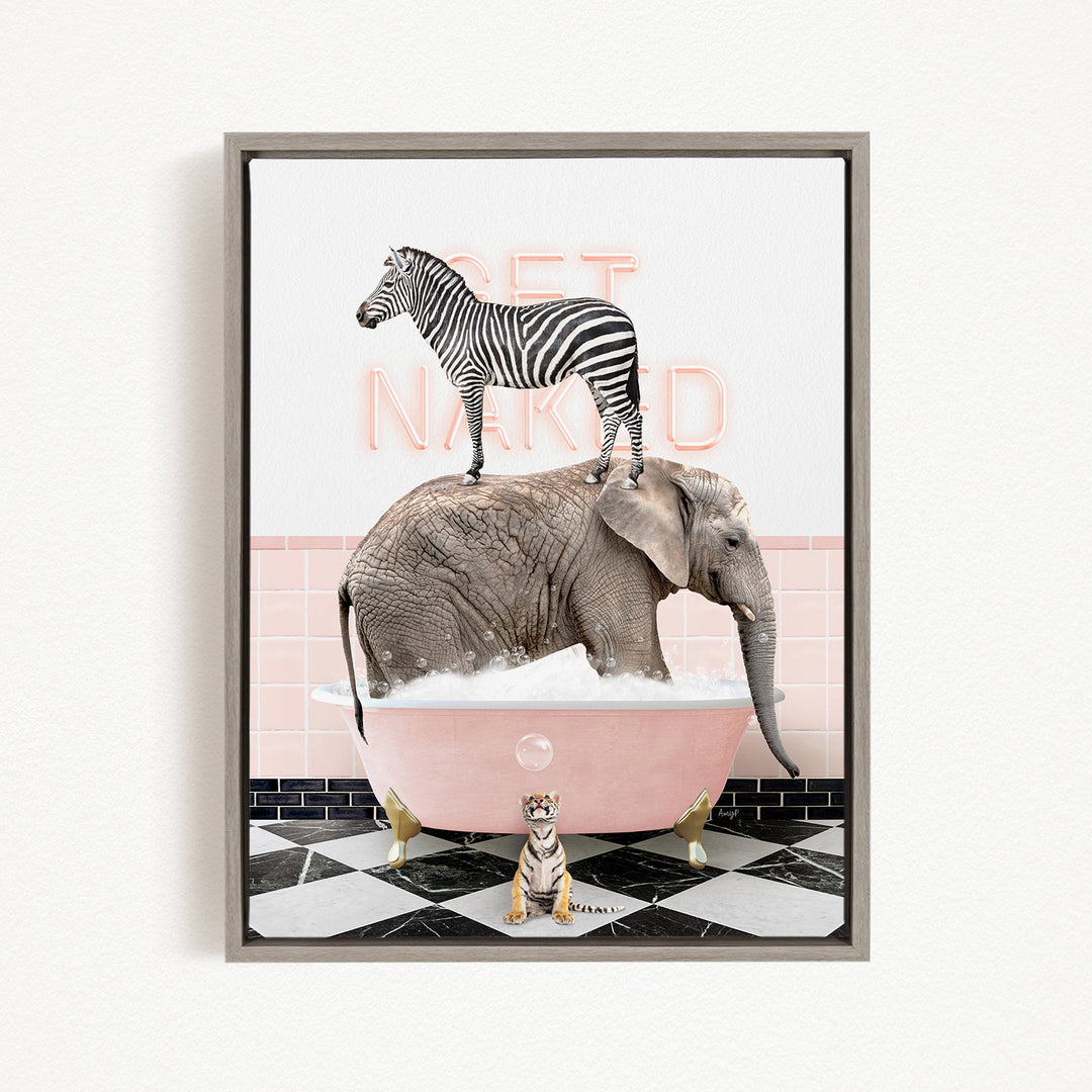 A zebra standing on the back of an elephant, both in a pink bathtub, with a tiger sitting on the edge of the tub.