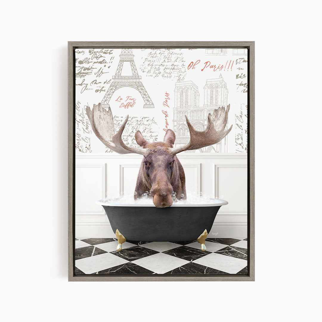 A moose is sitting in a bathtub filled with water, surrounded by a checkered floor and a wall with the Eiffel Tower and Paris inscriptions.