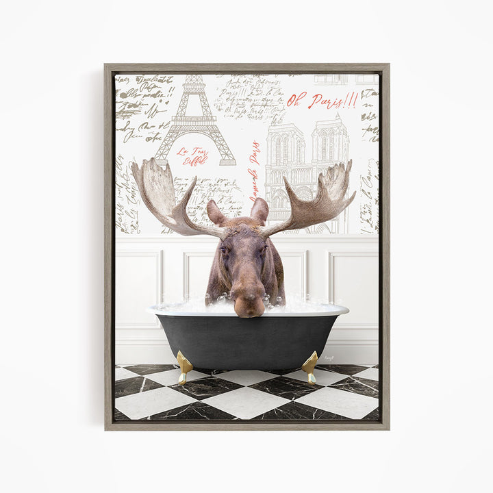 A moose is sitting in a bathtub filled with water, surrounded by a checkered floor and a wall with the Eiffel Tower and Paris inscriptions.