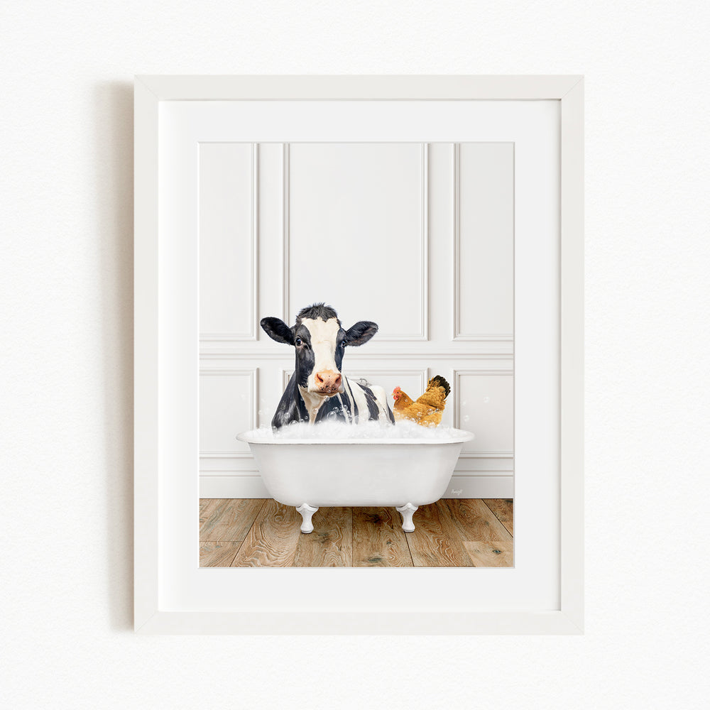 A black and white cow is sitting in a white bathtub, surrounded by a chicken and a rooster, creating a whimsical and playful scene.