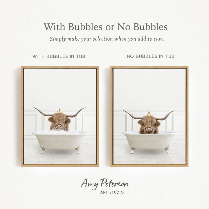The image is a collage of two framed pictures, each depicting a bull with horns in a bathtub. The bull in the tub has a small bird perched on its head. The text above the images reads "With Bubbles or No Bubbles Simply make your selection when you add to cart." The text below the images reads "WITH BUBBLES IN TUB" and "NO BUBBLES IN TUB," indicating the presence or absence of bubbles in the tub.