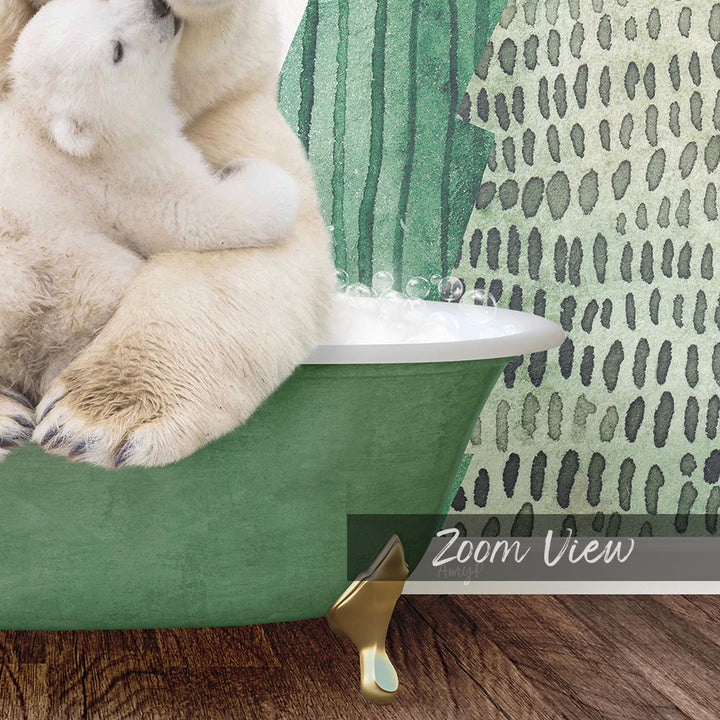 A polar bear is sitting in a green bathtub, with another polar bear sitting on top of it. The background features a patterned green and black design.