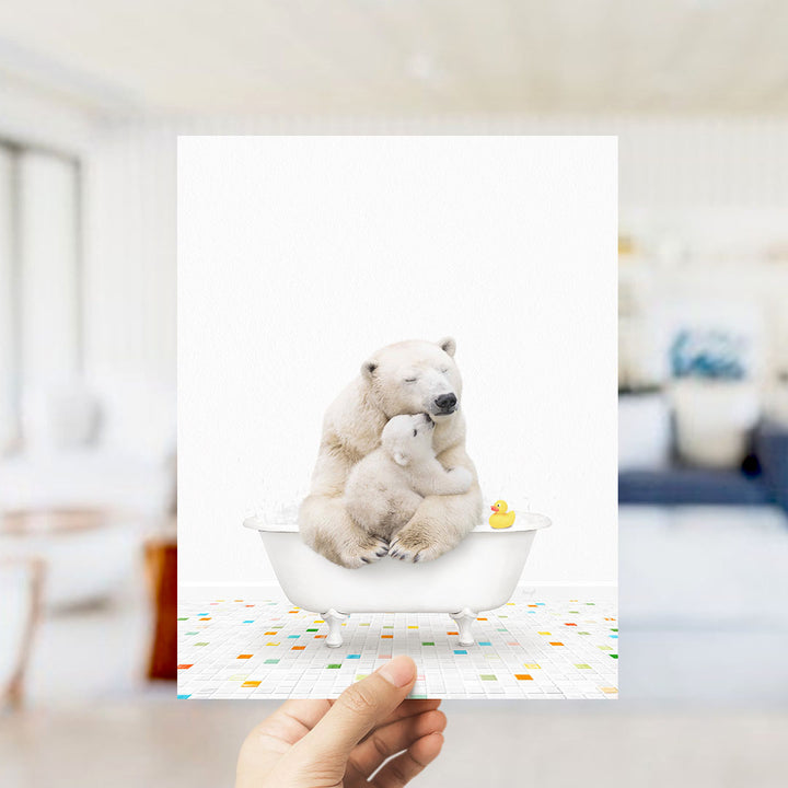 A polar bear is sitting in a bathtub, surrounded by a yellow rubber duck and a white bathtub.