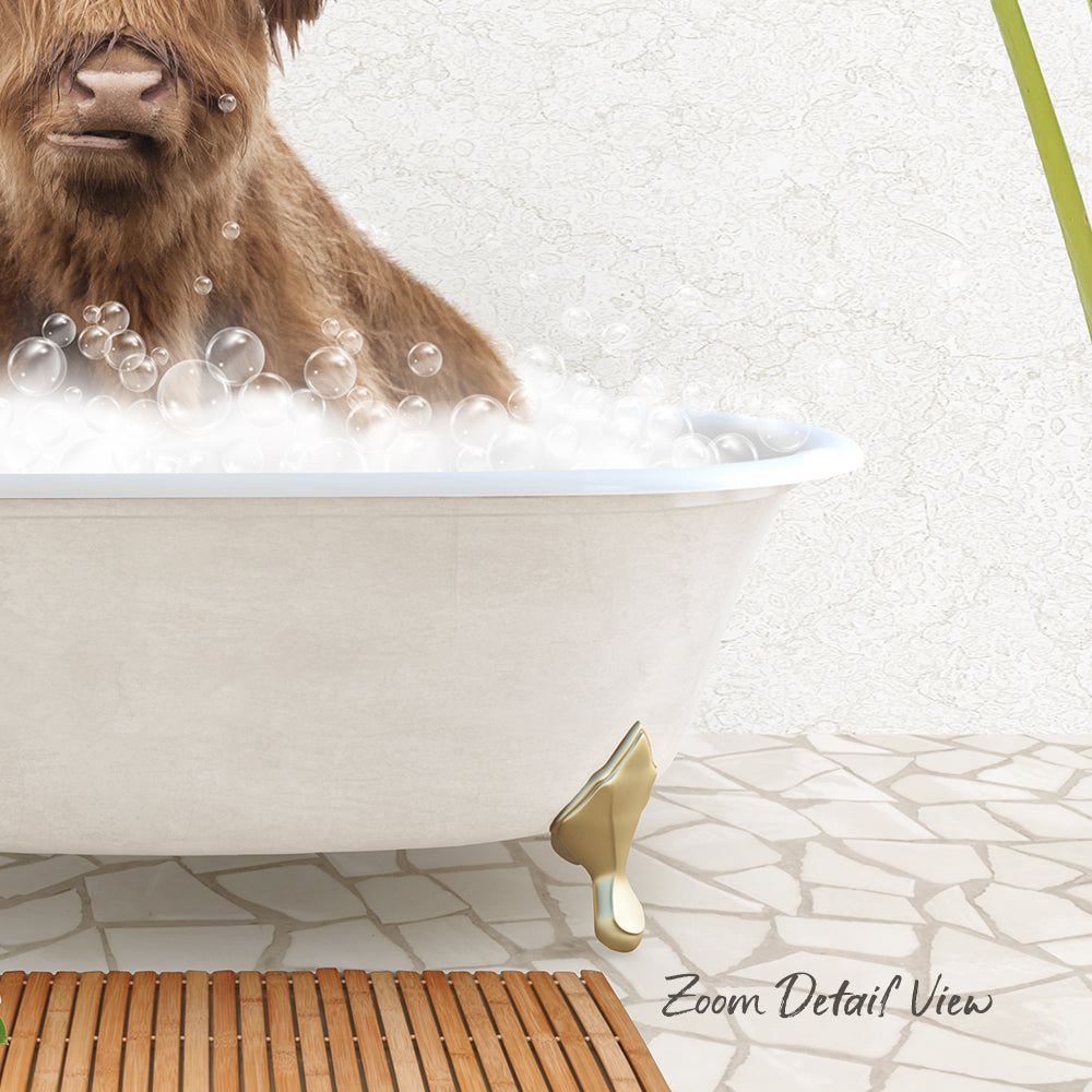 A close-up of a brown cow standing in a white bathtub filled with bubbles, with a wooden mat and a text overlay that reads "Zoom Detail View".