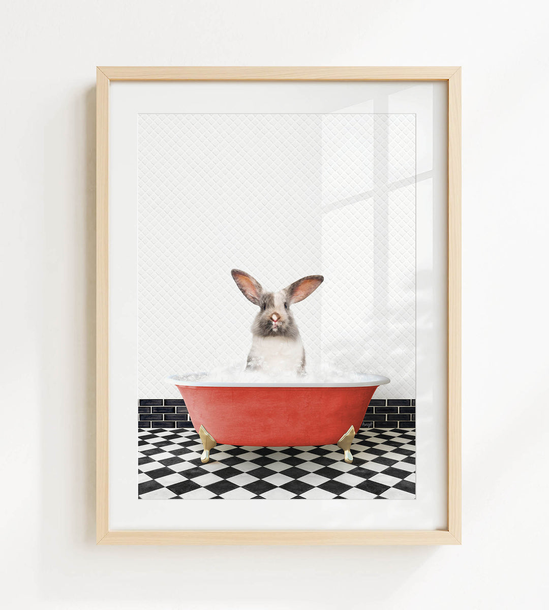 A gray rabbit sitting in a red bathtub filled with water, with a black and white checkered floor in the background.