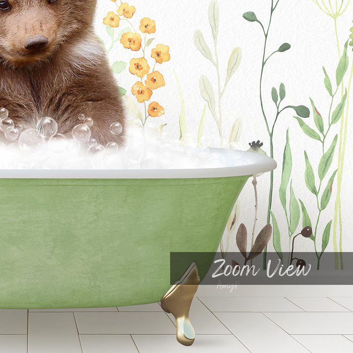 A brown bear is sitting in a green bathtub filled with bubbles, surrounded by a floral wallpaper.