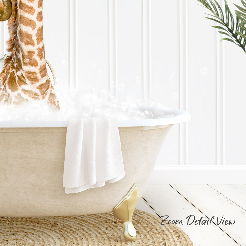 A giraffe standing in a bathtub filled with water, with a towel hanging on the side and a plant in the background.