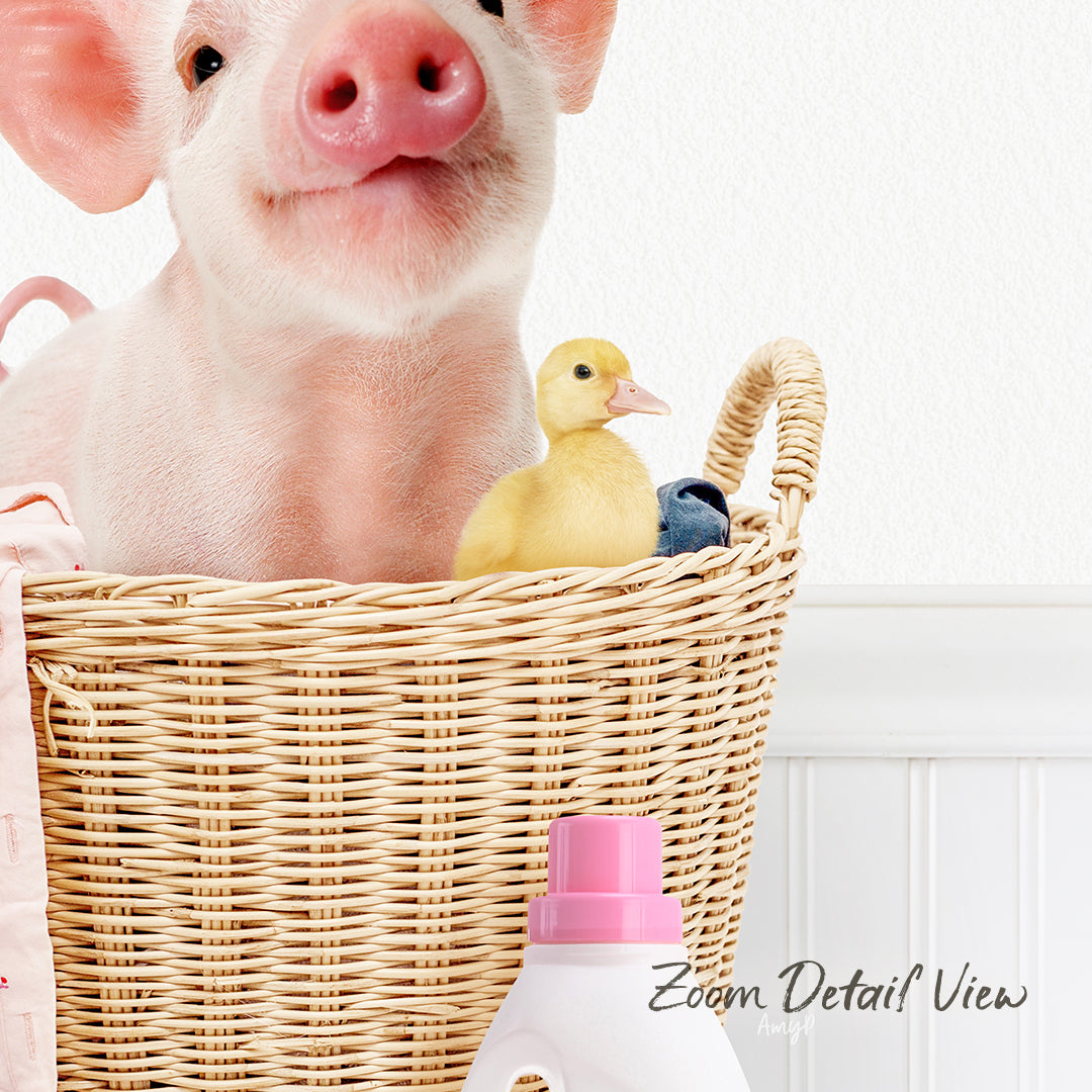 A cute piglet sits in a wicker basket, accompanied by a small yellow duckling.