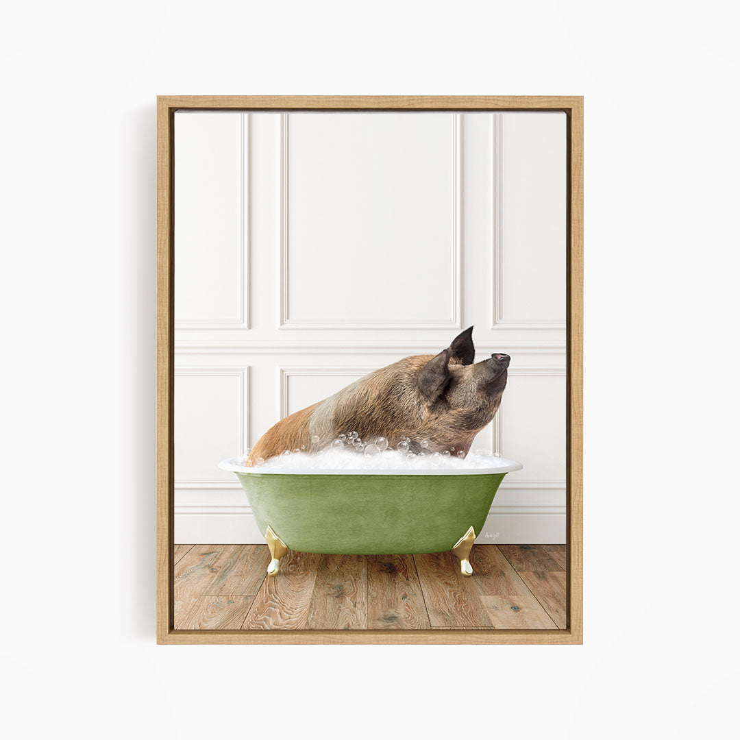 A brown dog is sitting in a green bathtub filled with bubbles, looking up at the camera.