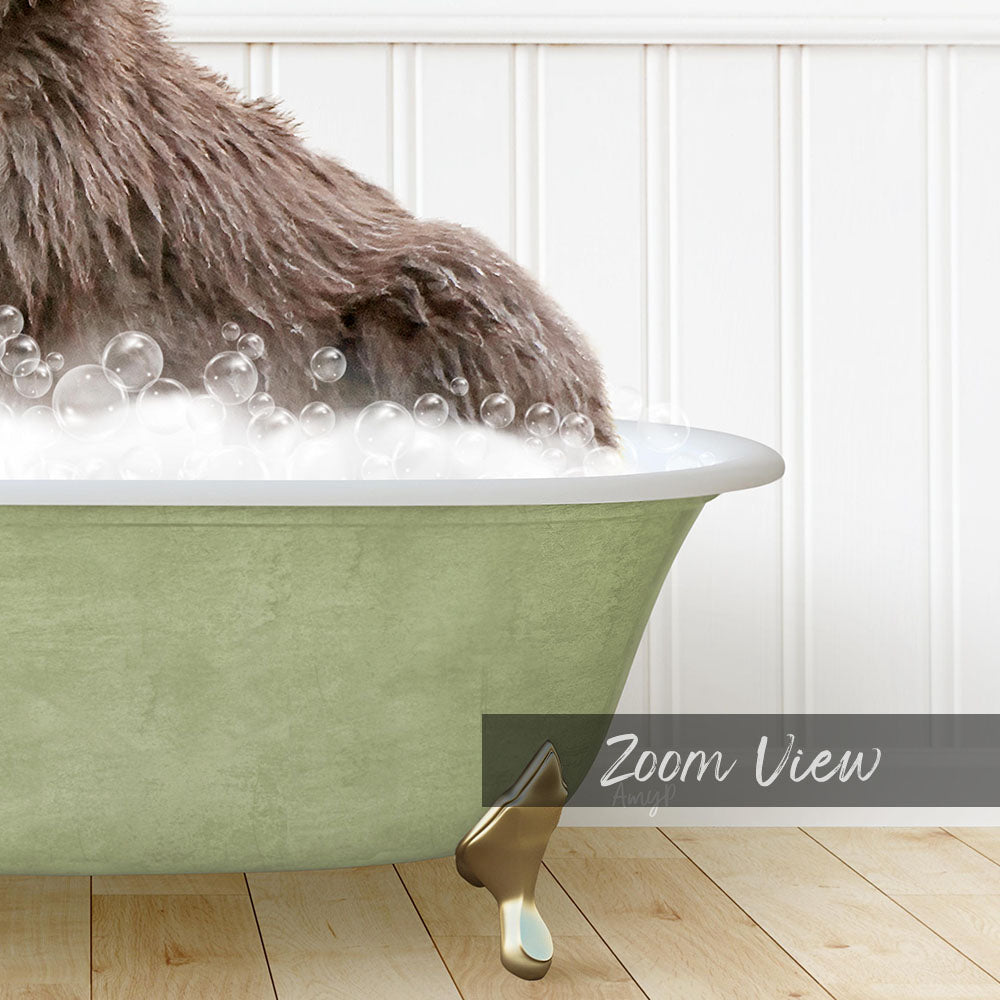 A close-up of a dog's paw submerged in a green bathtub filled with bubbles, with the text "Zoom View" visible.