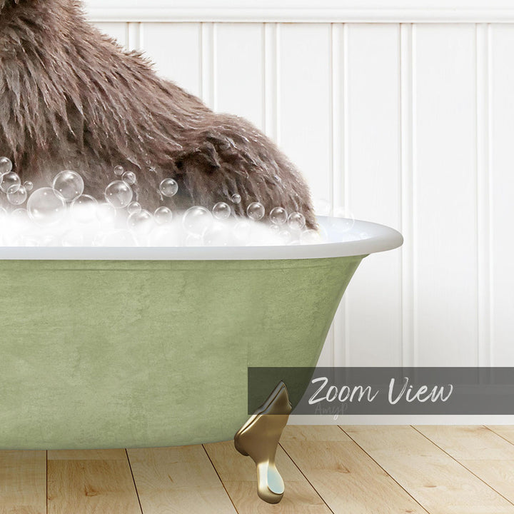 A close-up of a dog's paw submerged in a green bathtub filled with bubbles, with the text "Zoom View" visible.