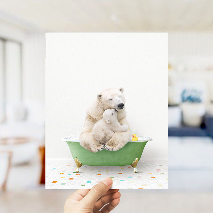 A polar bear and its cub are sitting in a green bathtub filled with water and floating rubber ducks.