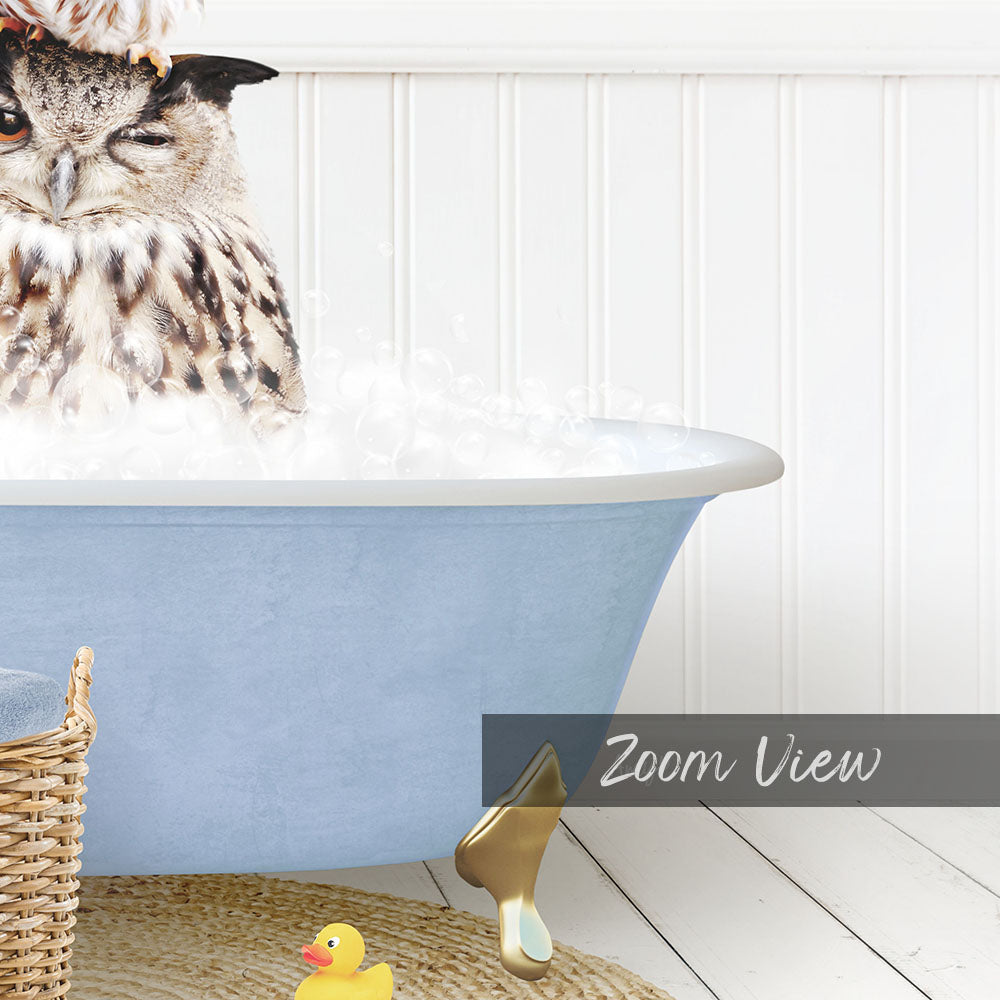 A blue bathtub filled with water, with a small owl sitting inside and looking up at the camera. Next to the bathtub, there is a yellow rubber duck and a basket. The image also includes the text "Zoom View" in the bottom right corner.
