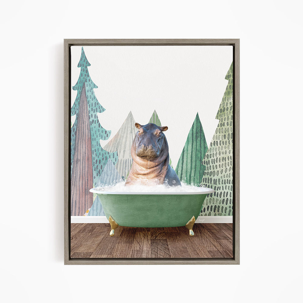 A hippopotamus sitting in a green bathtub, surrounded by stylized trees and a forest-like background.