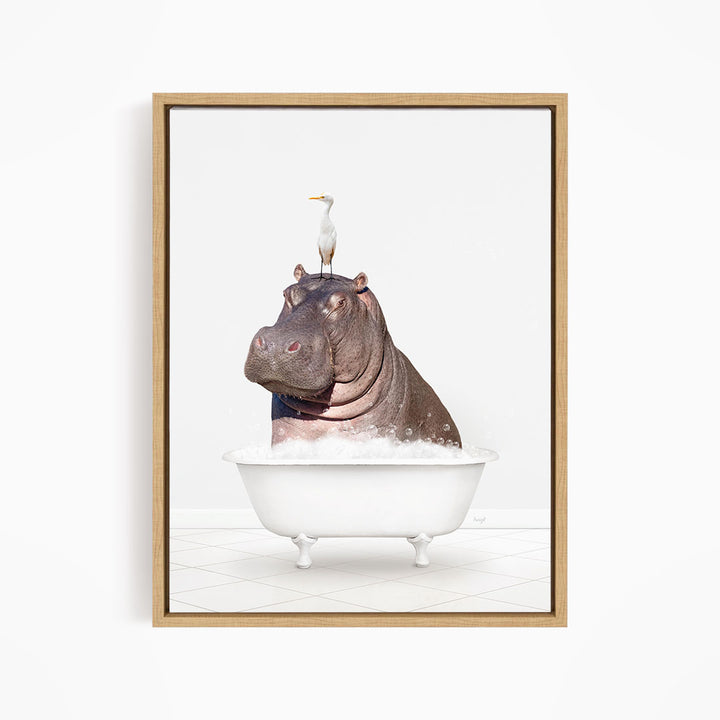 A large hippopotamus is sitting in a white bathtub, with a seagull perched on its head.