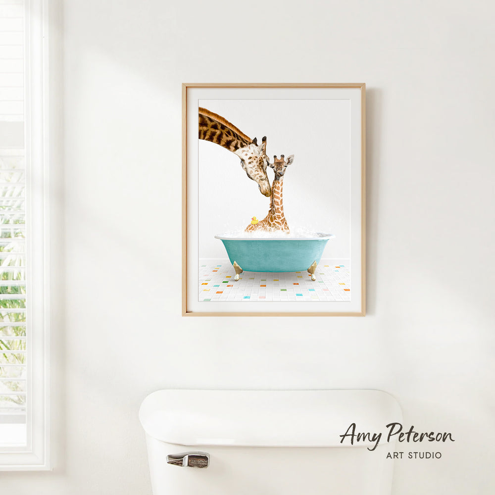 A framed painting of two giraffes in a bathtub, with one giraffe appearing to be a baby giraffe.