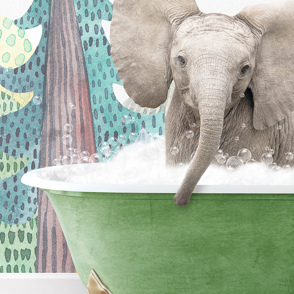 a baby elephant standing in a bathtub full of foam