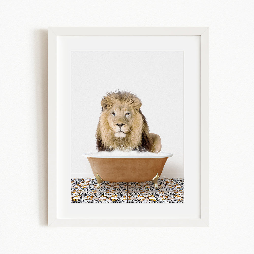 A lion sitting in a bathtub filled with water, surrounded by a patterned tile floor.