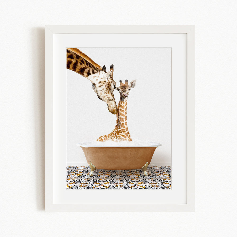 A mother giraffe and her baby giraffe enjoying a bath together in a brown tub, surrounded by a patterned tile floor.
