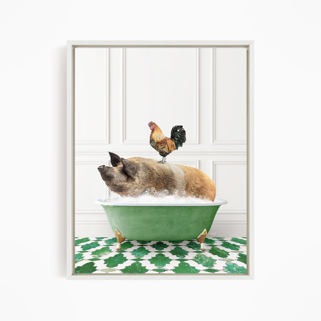A rooster sits atop a pig in a green bathtub, surrounded by a green and white patterned floor.