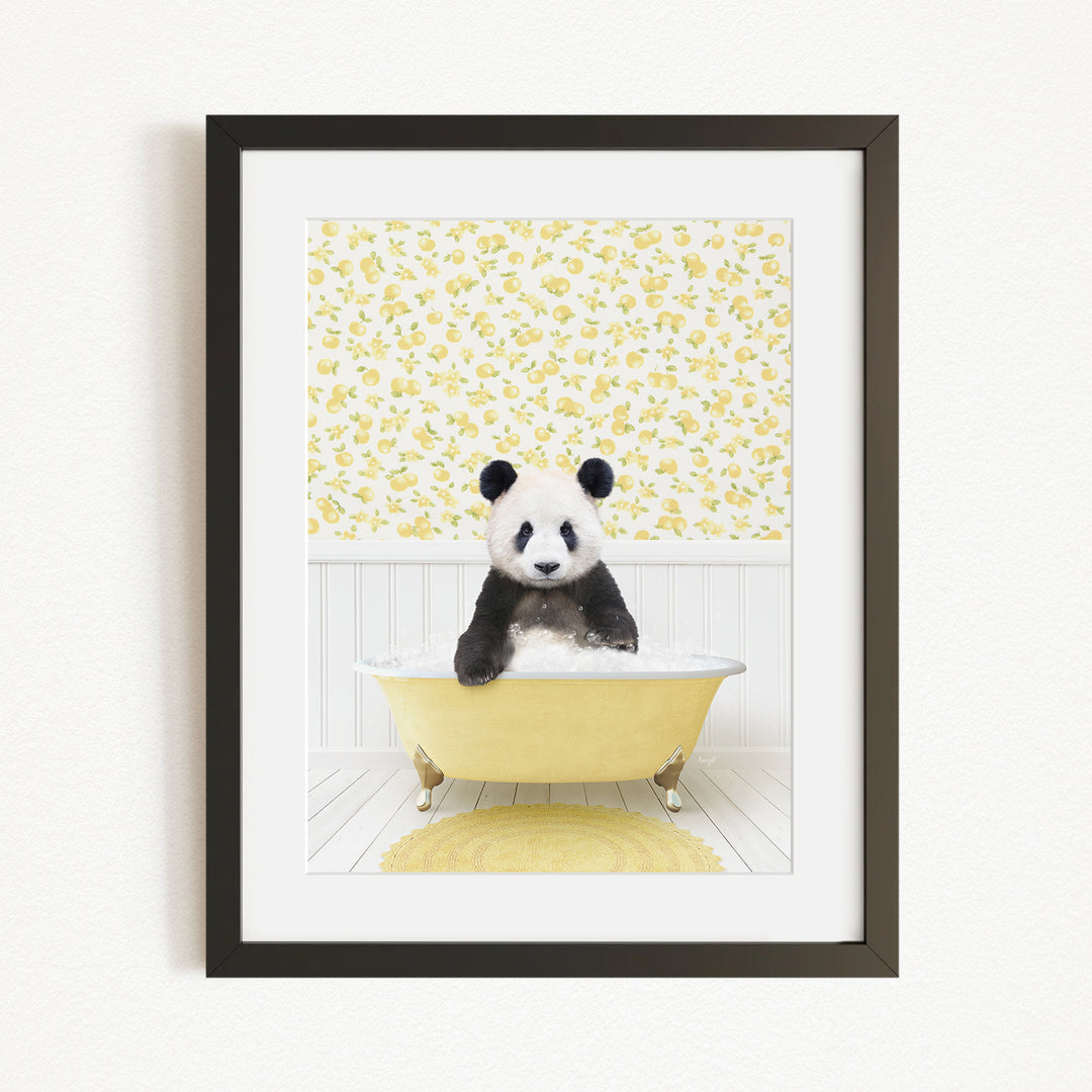 A panda bear sitting in a yellow bathtub, surrounded by a yellow floral wallpaper.