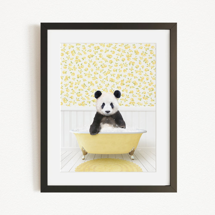 A panda bear sitting in a yellow bathtub, surrounded by a yellow floral wallpaper.