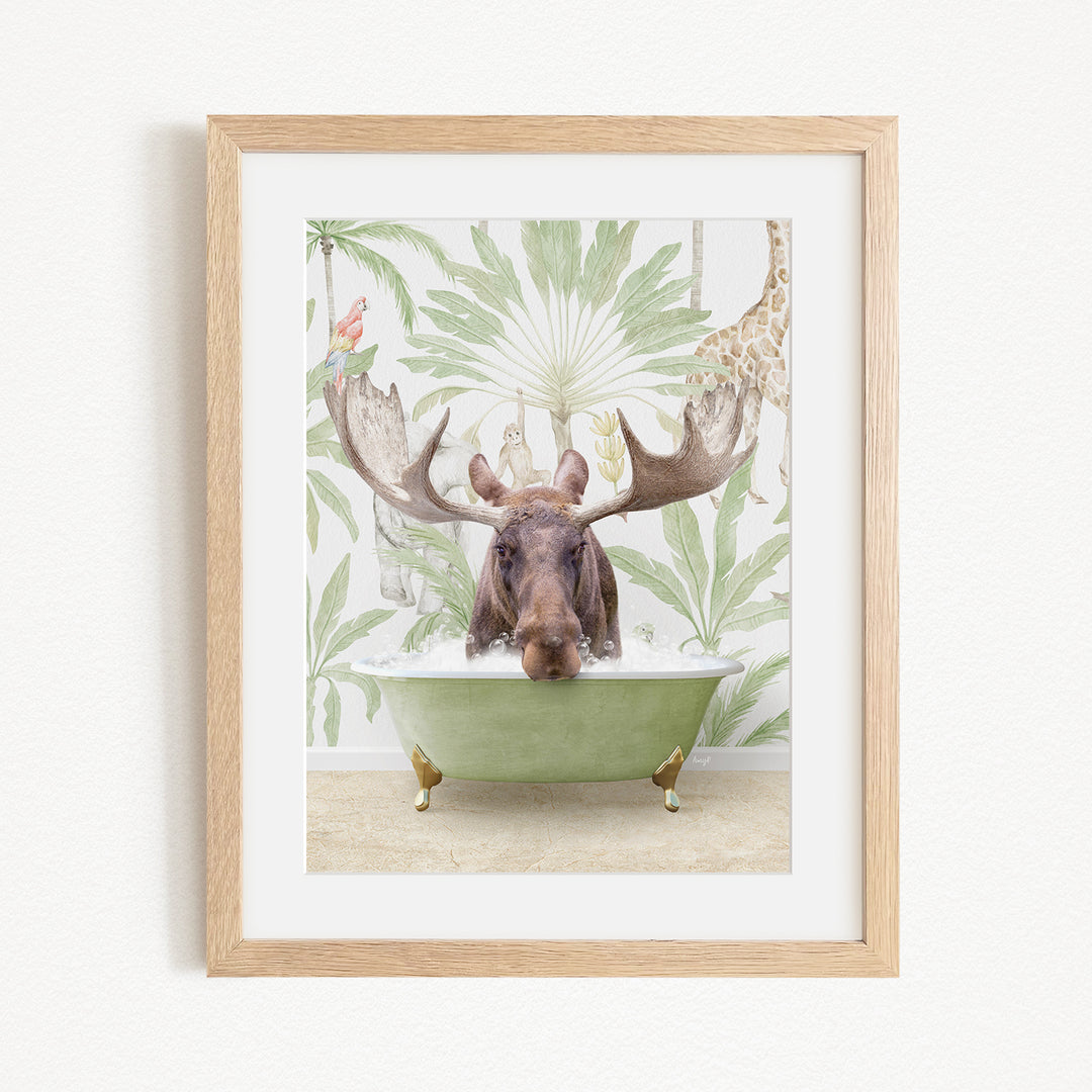 A moose with large antlers is sitting in a green bathtub, surrounded by a tropical jungle scene with palm trees and other animals.