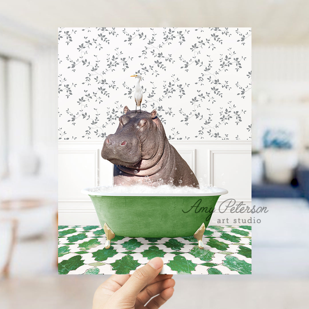 a hippo in a bathtub with a crown on its head