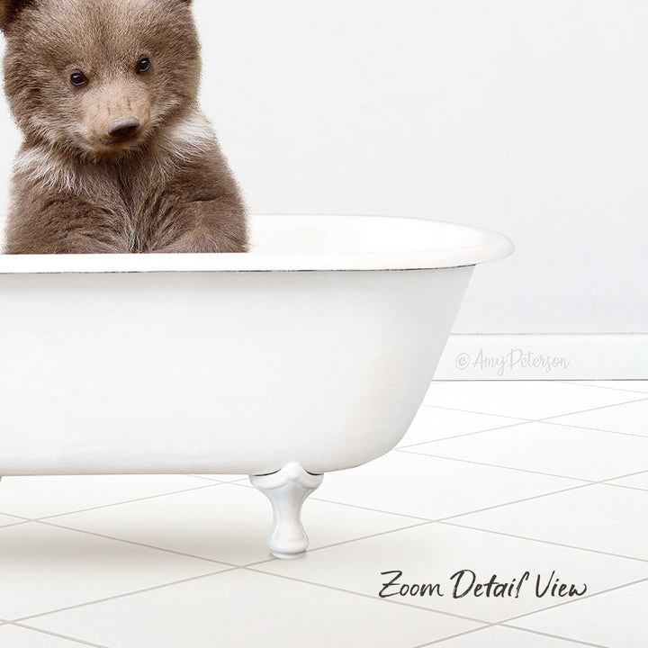 A cute brown bear cub sitting in a white bathtub, looking directly at the camera.