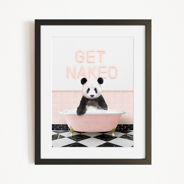 A panda bear sitting in a pink bathtub with the text "GET NAKED" displayed above it.