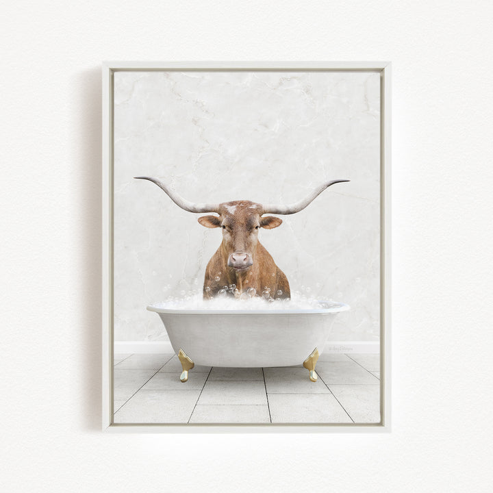 A bull with long horns is sitting in a white bathtub filled with water, creating a whimsical and humorous scene.
