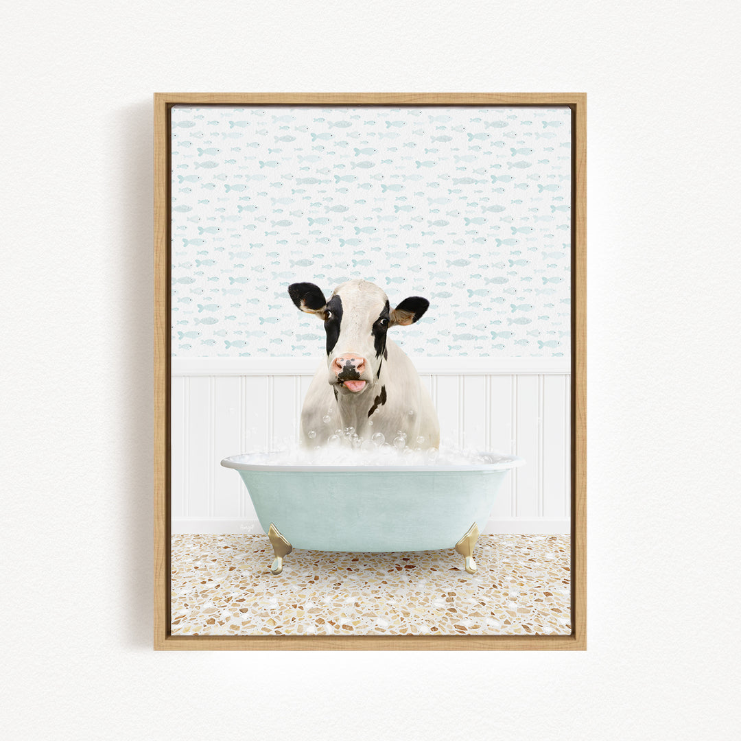 A cow is sitting in a bathtub filled with water, surrounded by a patterned wall and a tiled floor.