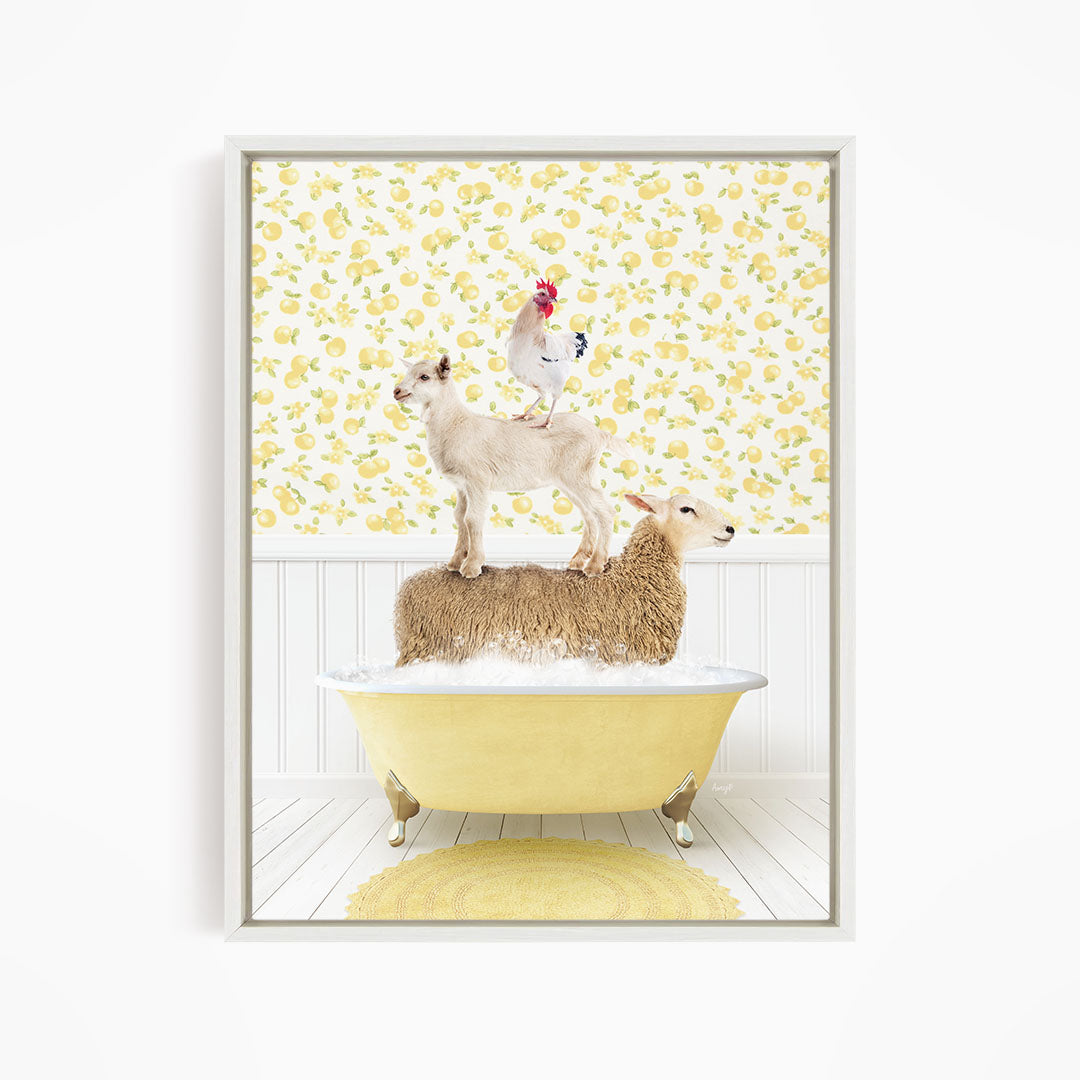 A sheep standing in a yellow bathtub, with a chicken perched on top of it, against a yellow and white floral wallpaper.