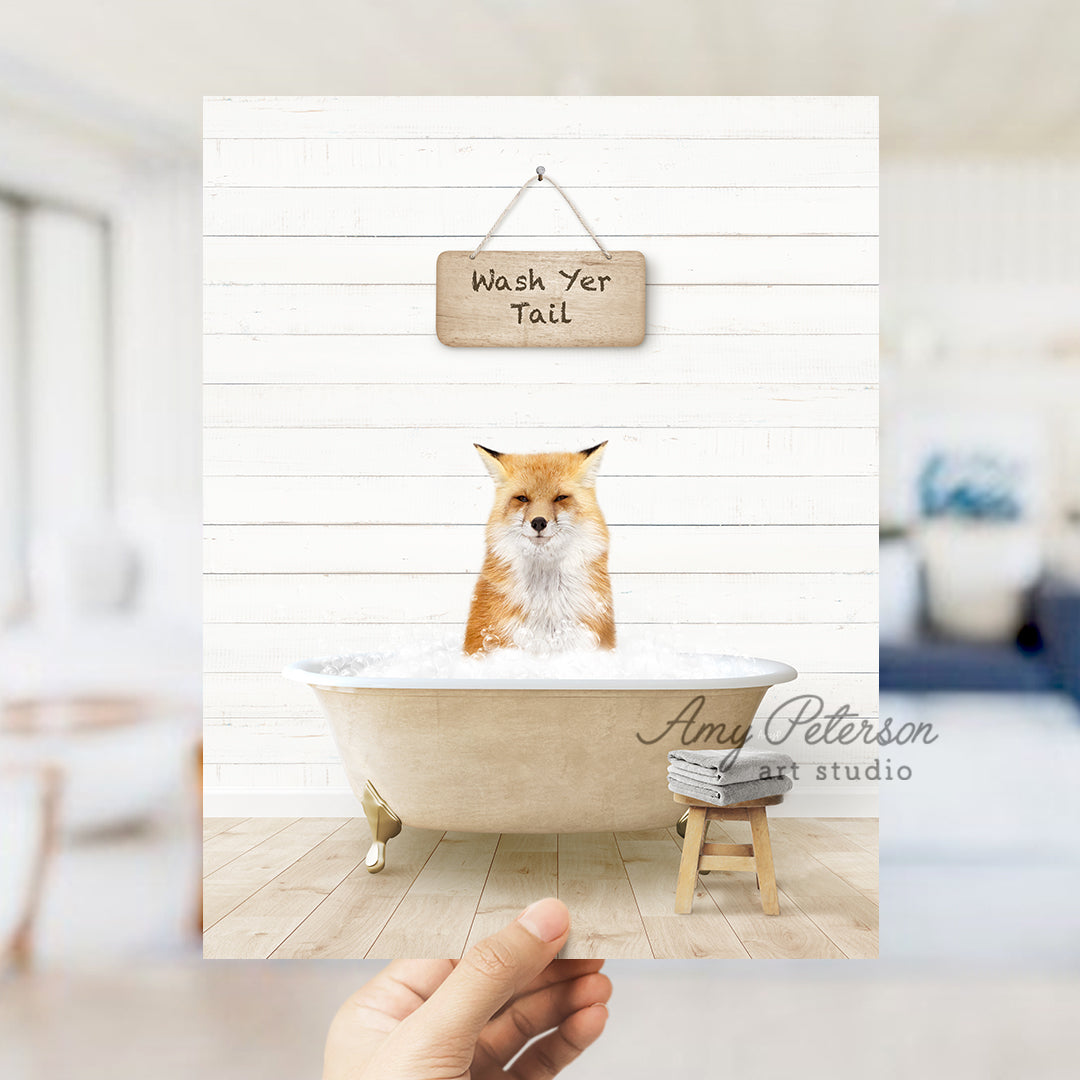 a hand holding up a card with a picture of a dog in a bathtub