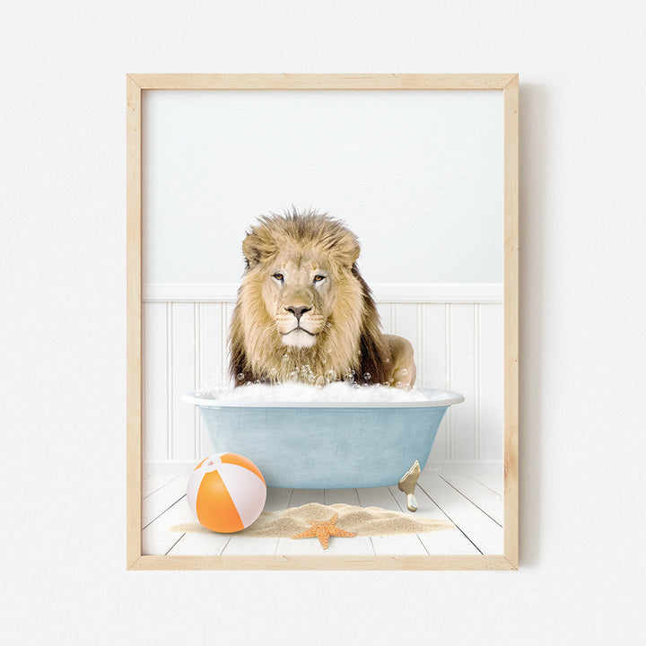 a picture of a lion in a bathtub with a beach ball