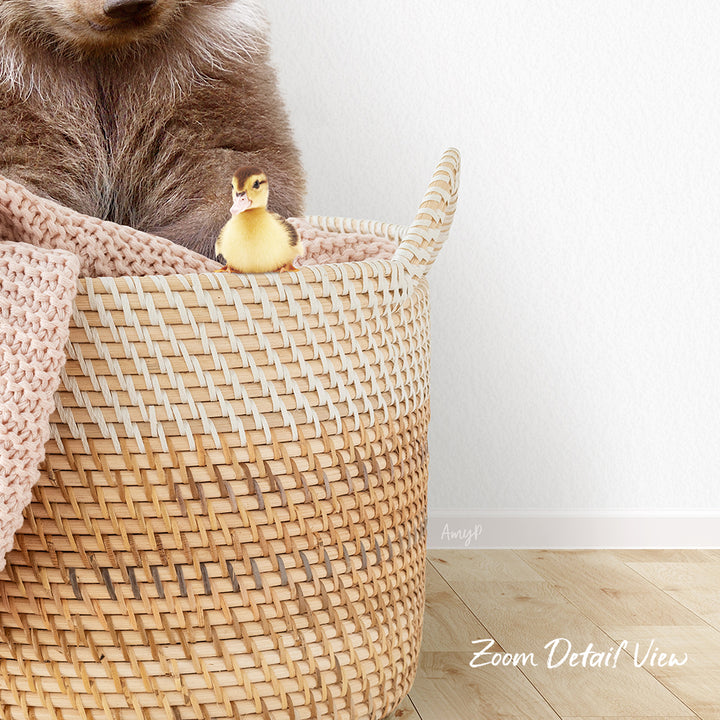A small yellow duck sits in a woven basket, with a brown bear sitting next to it.