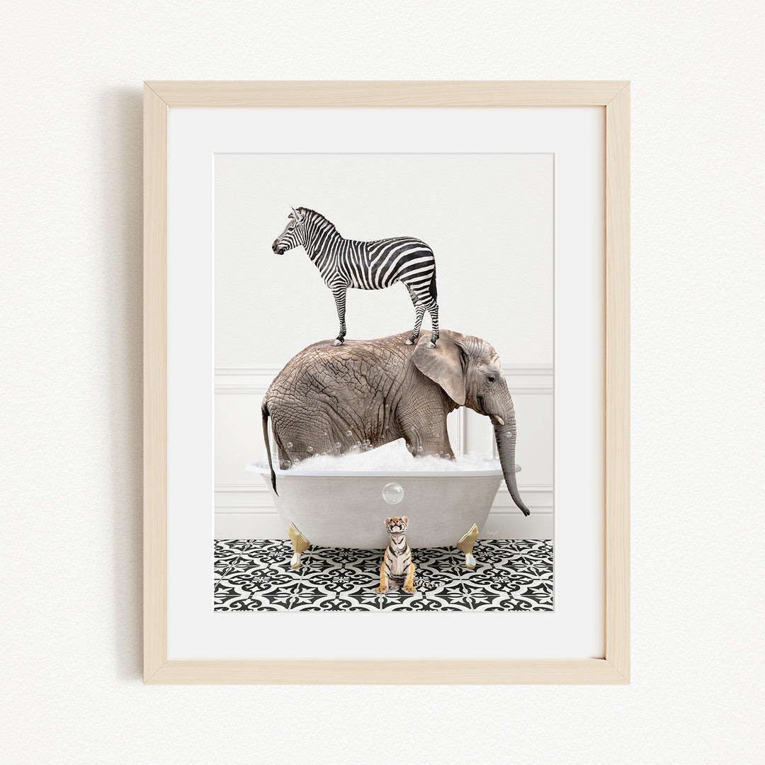 A zebra standing on an elephant's back, with a small tiger sitting in a bathtub in the foreground.